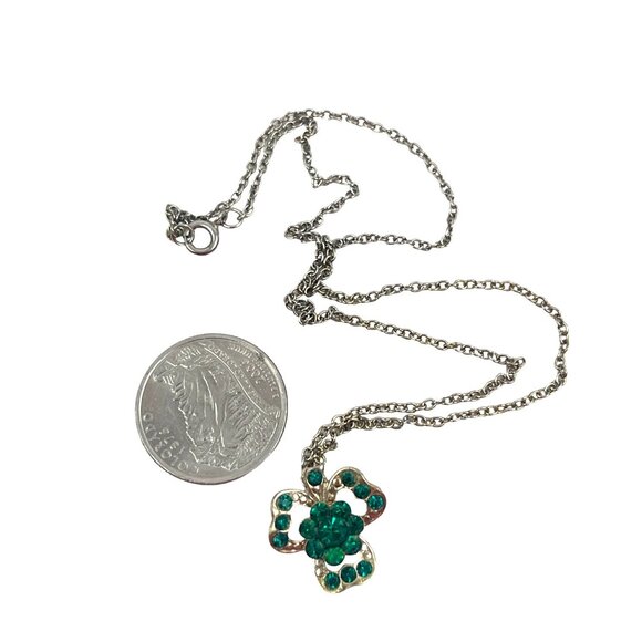 Vintage Four-Leaf Clover Necklace With Green Rhinestones & Silver Chain - Picture 5 of 6